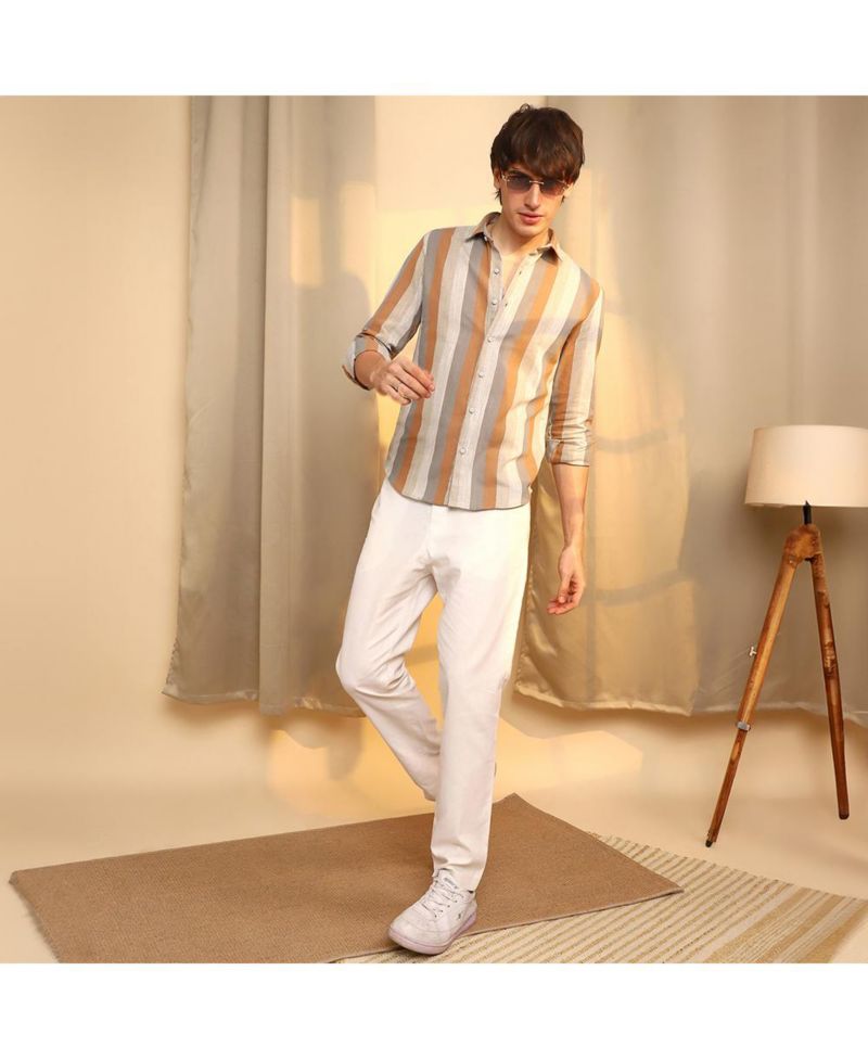 Men's Copper Brown & Peanut Brown Block-Striped Shirt