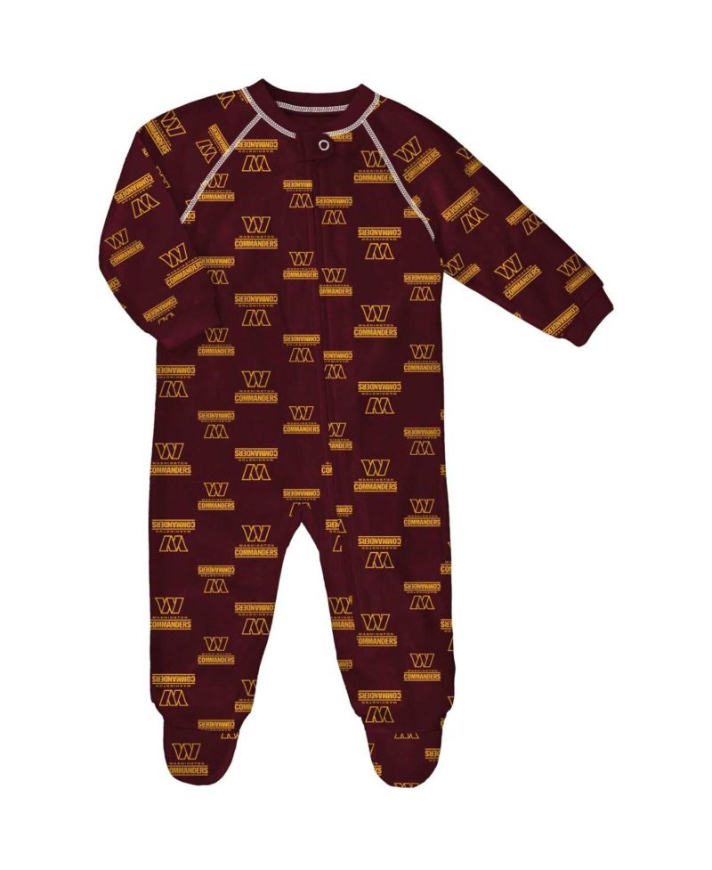 Baby Boys and Girls Burgundy Washington Commanders Allover Print Raglan Full-Zip Sleeper