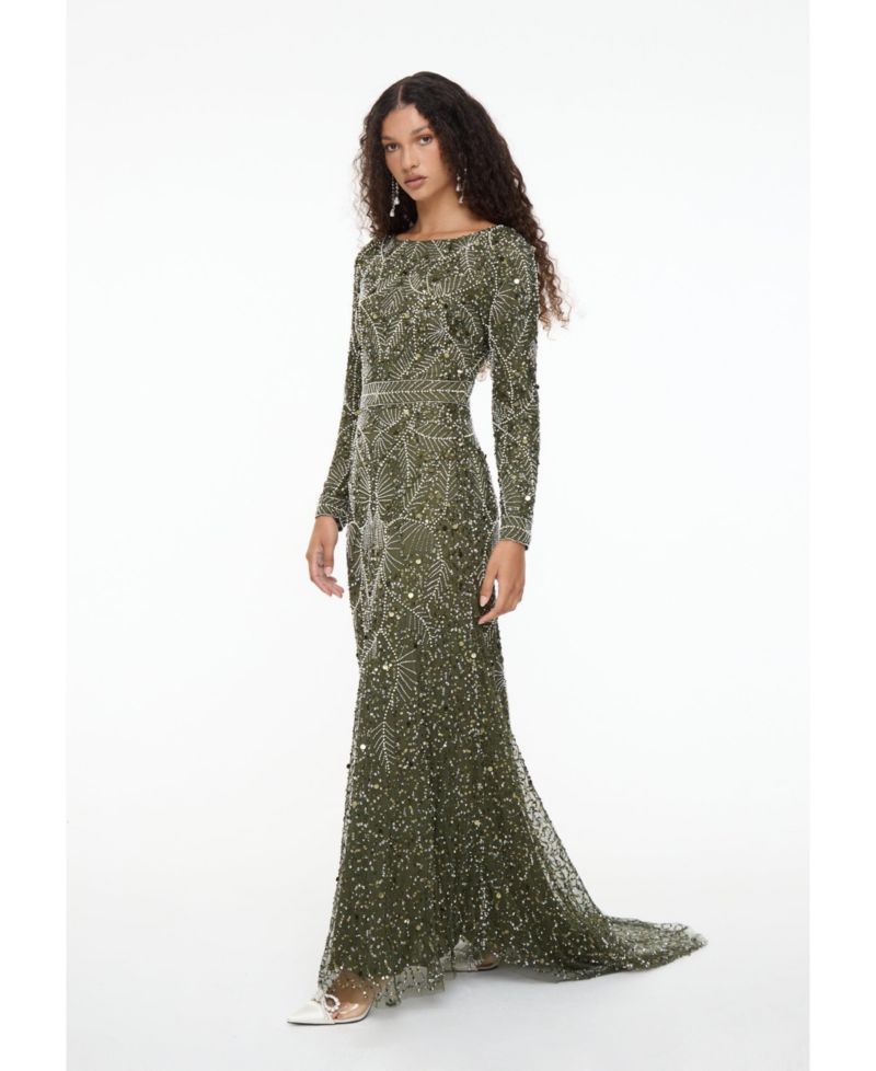 Women's Modest Embellished Sequin Beaded Dress Maxi With Trail