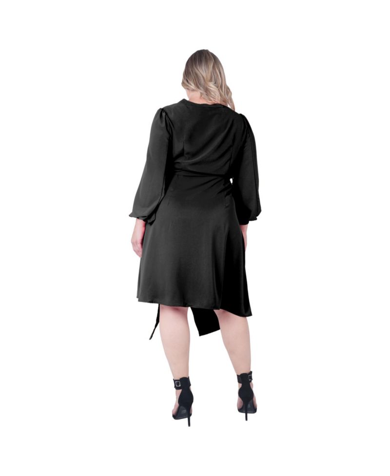 Plus Size Asymmetrical Hem Button-Up Wrap Lantern Sleeve Dress