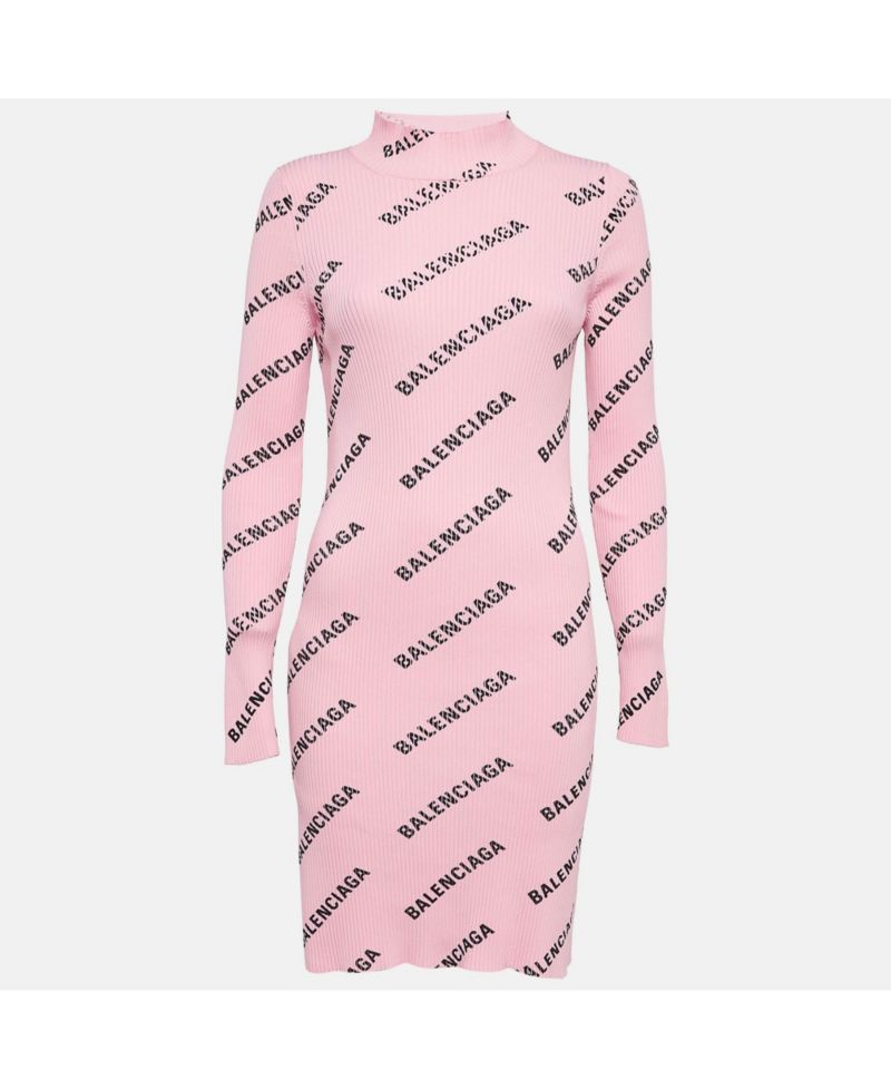 Women's Pink Logo Print Rib Knit Bodycon Dress