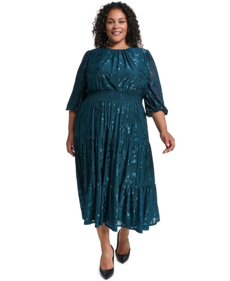 Petite 3/4-Sleeve Smocked Floral Midi Dress