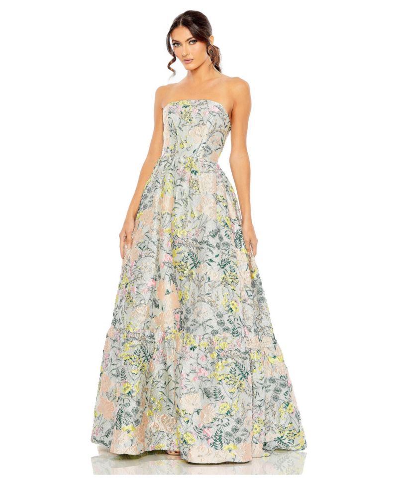Women's Floral Brocade Strapless A Line Gown