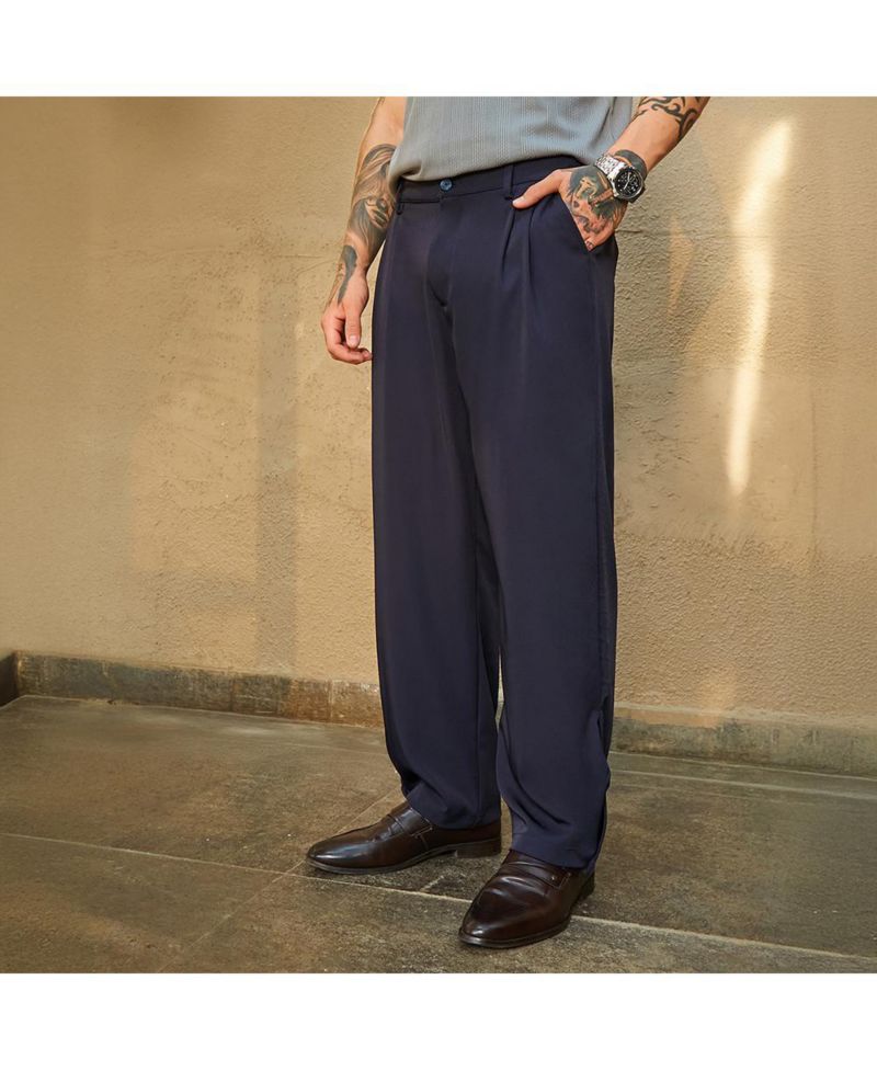 Men's Midnight Black Straight-Cuffed Pleated Trousers
