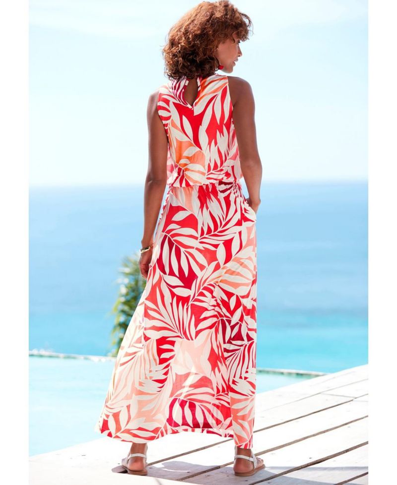 Women's Viscose Tropical Print Side Slit Column Elastic-Waist Maxi Dress