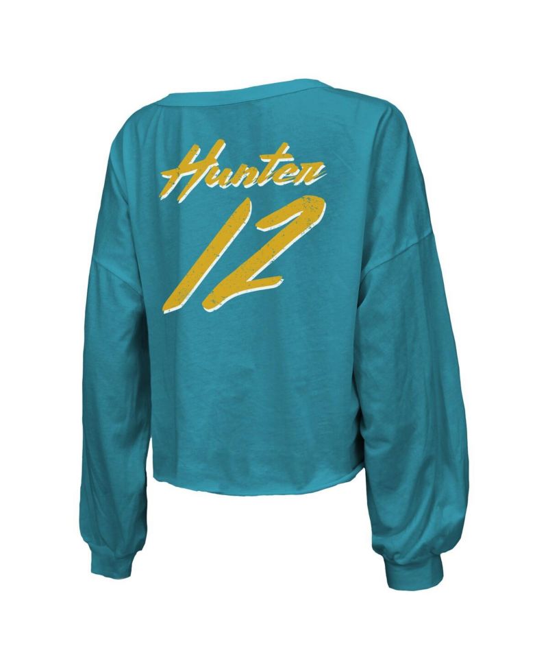Women's Travis Hunter Teal Jacksonville Jaguars 2025 NFL Draft First Round Pick Off-Shoulder Script Name & Number V-Neck T-Shirt