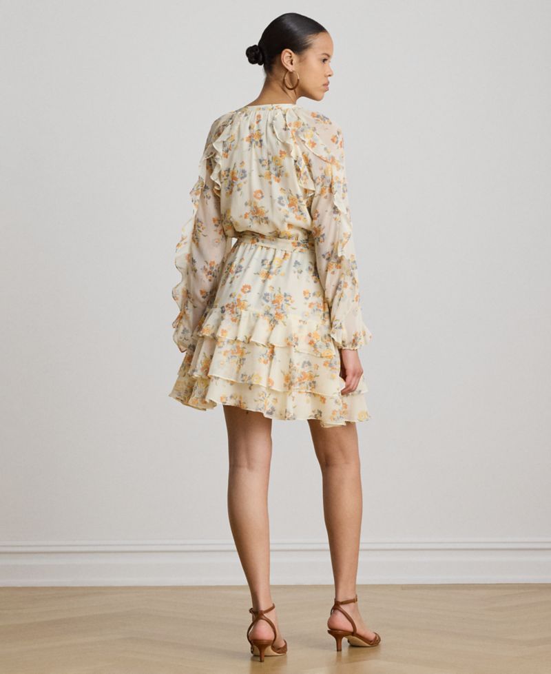 Petite Band Collar Floral Ruffle-Trim Tiered Dress