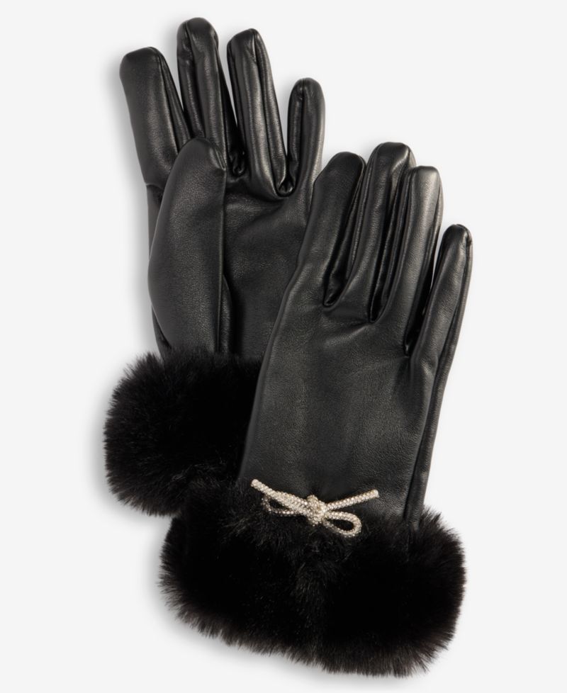 Women's Bow Embellished Gloves with Faux-Fur Cuff