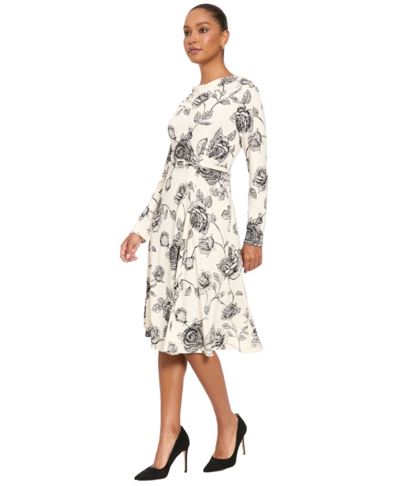 Women's Floral-Print Long-Sleeve Cowl Neck Midi Dress
