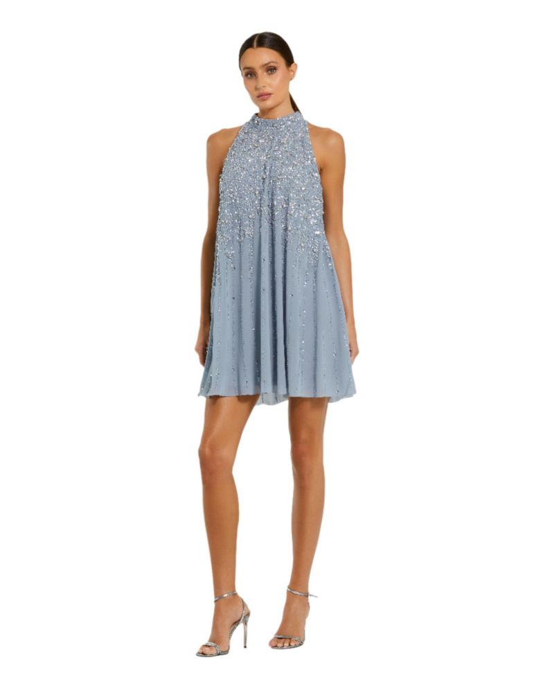 Women's High Neck Sleeveless Sequin Embellished Trapeze A-line Dress