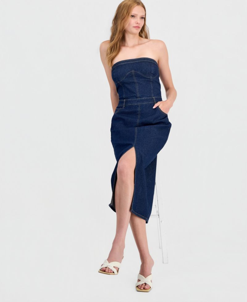 Women's Denim Strapless Corset Midi Dress