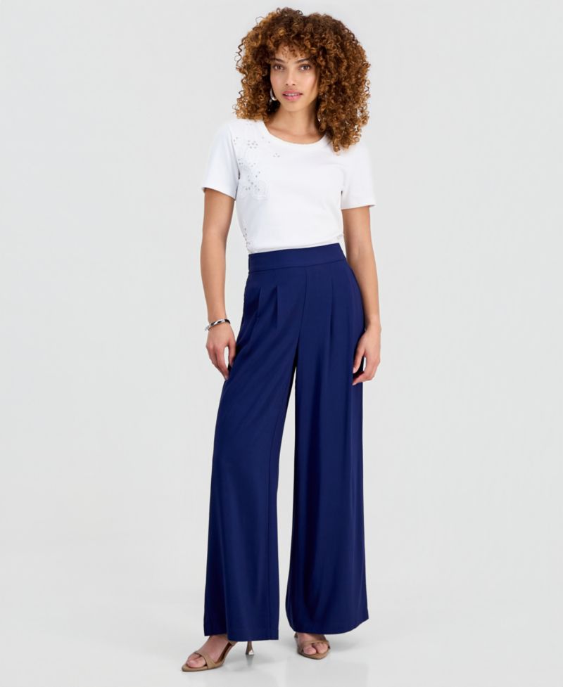 Petite Pleated Pull-On Wide-Leg Pants