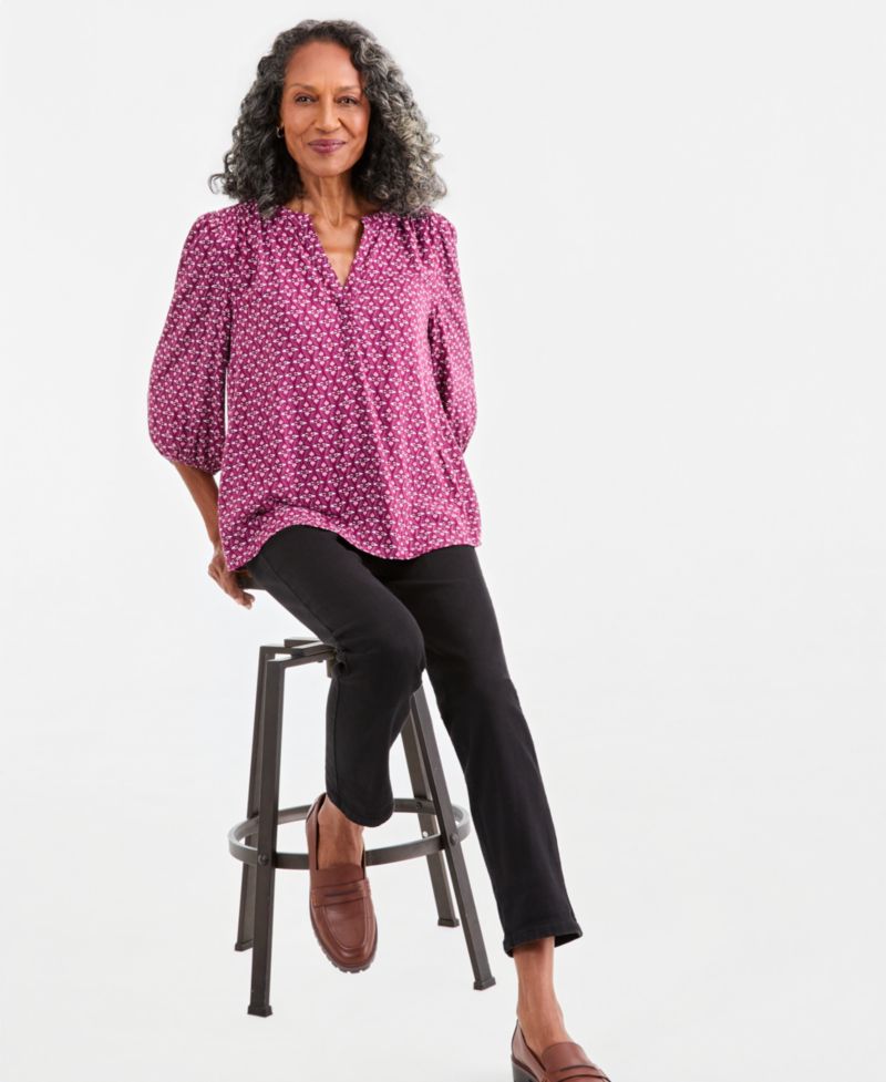 Petite Printed Volume-Sleeve Blouse