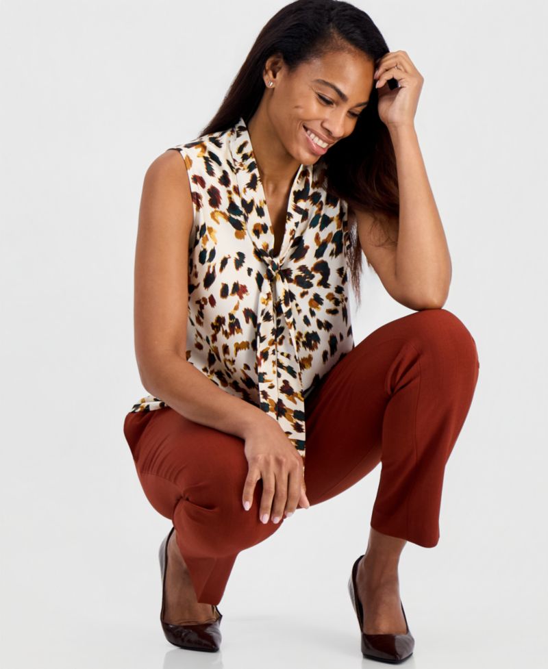 Women's Tie-Neck Satin Animal-Print Blouse