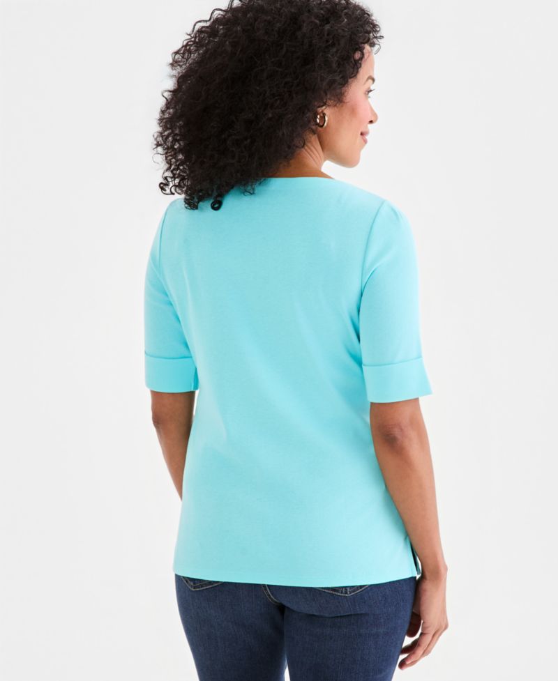 Petite Cotton Elbow-Sleeve Boat-Neck Top