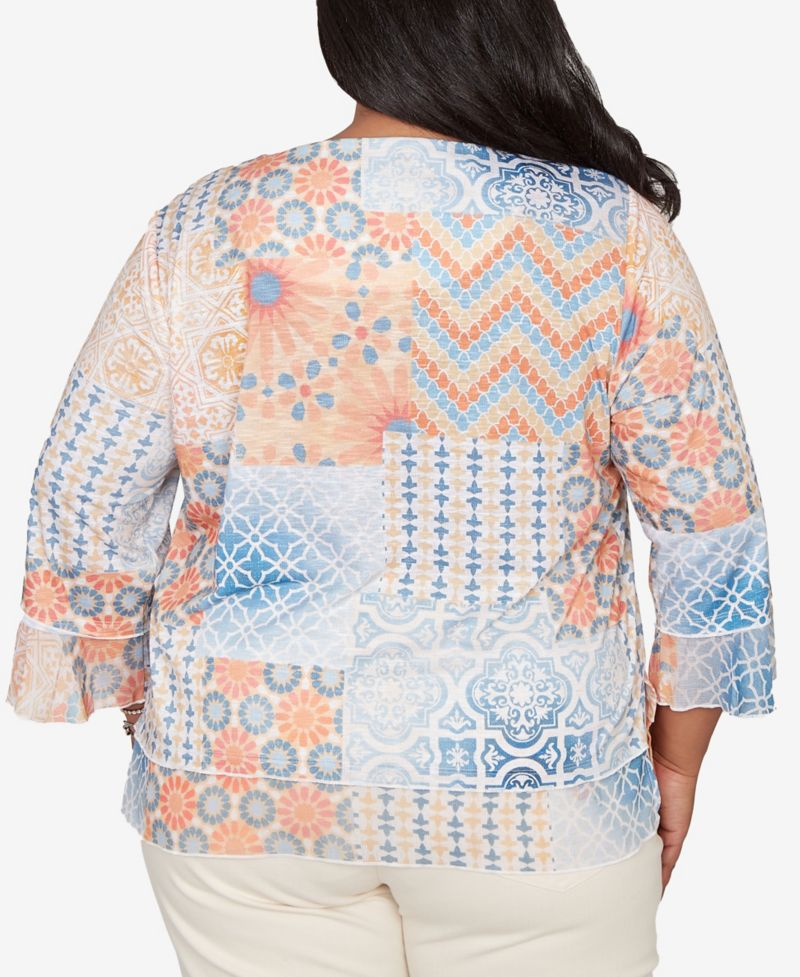 Plus Size Beachcomber Patchwork Medallion Ruffle Sleeve Top