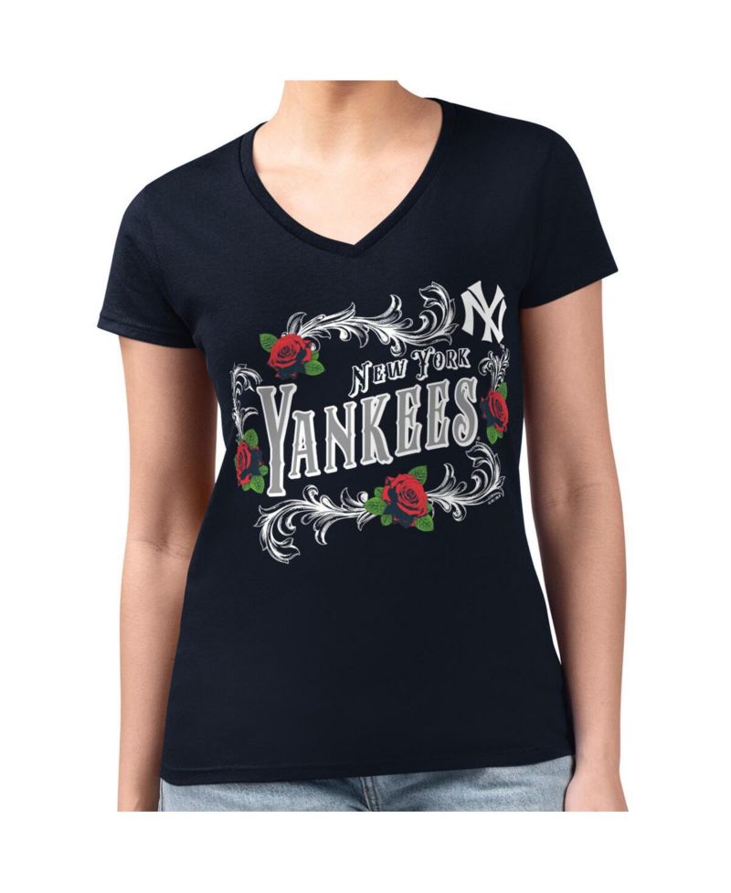 Women's Navy New York Yankees Retro Roses Fitted V-Neck T-Shirt