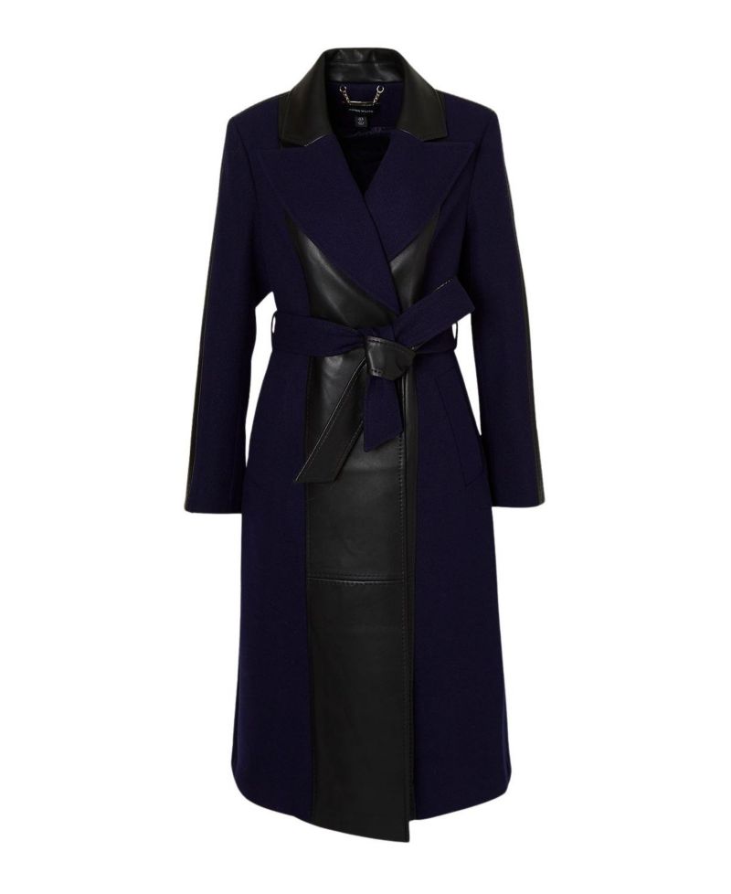 Women's Wool Pu Mix Belted Midi Coat