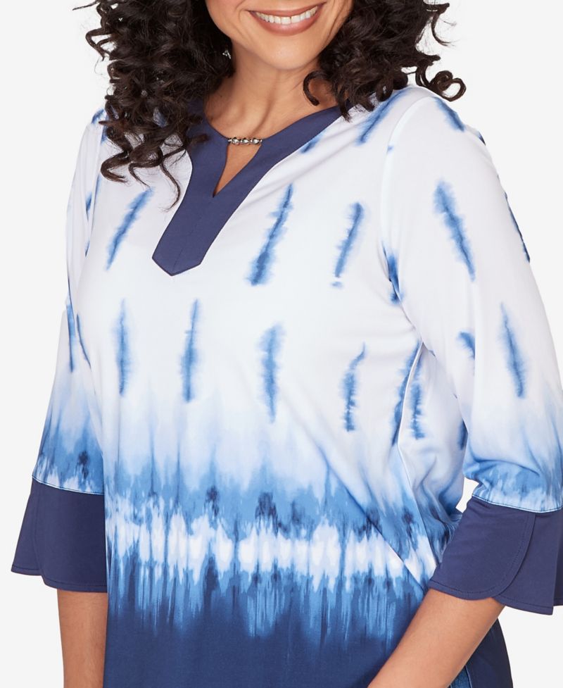 Petite Classic Tie Dye Border Split Neck Top