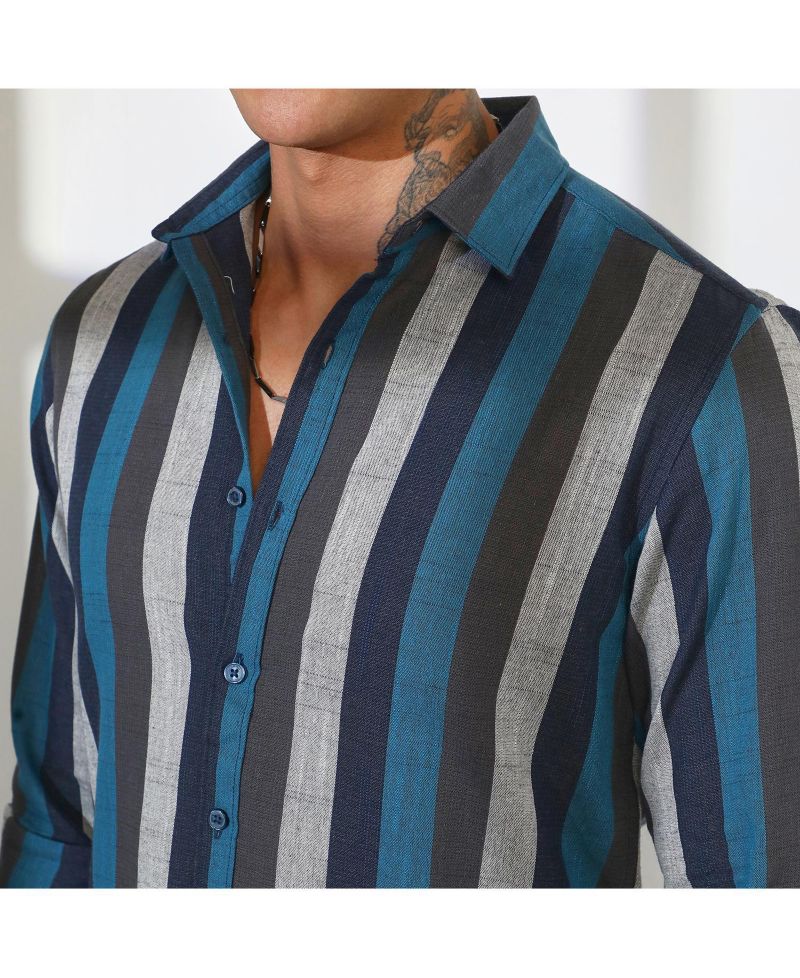 Men's Navy Blue & Ash Grey Block-Striped Shirt