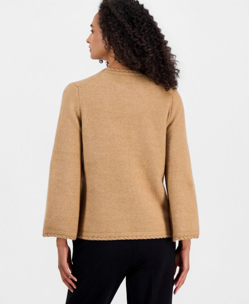 Petite Braided-Trim Long-Bell-Sleeve Sweater