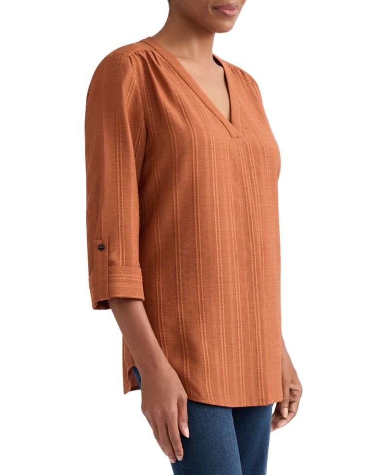 Women's V-Neck Pleated-Front Jacquard Top