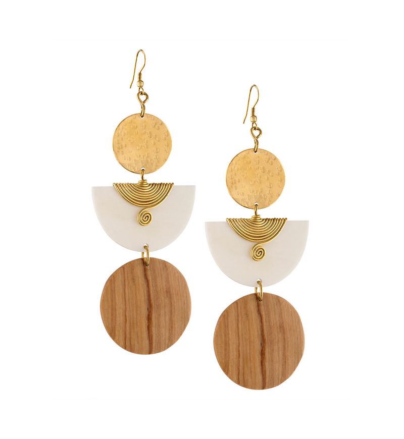 Kazuri Geometric Wood & Brass Drop Earrings – Handmade Boho Statement Jewelry