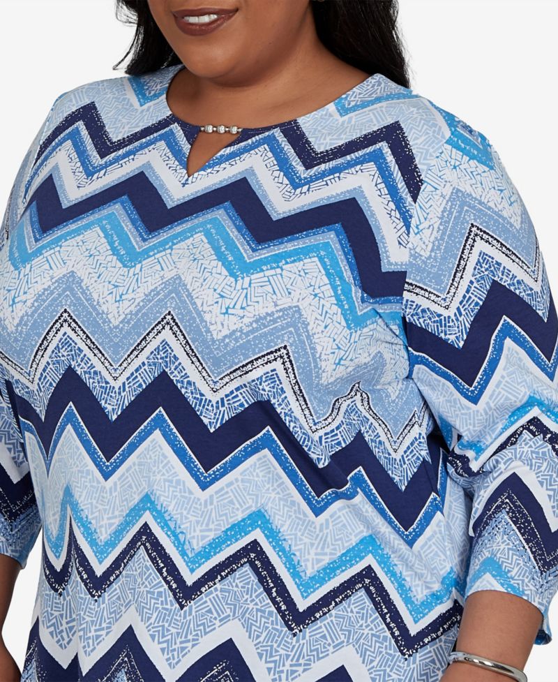 Plus Size Chevron Blues Split Neck Top