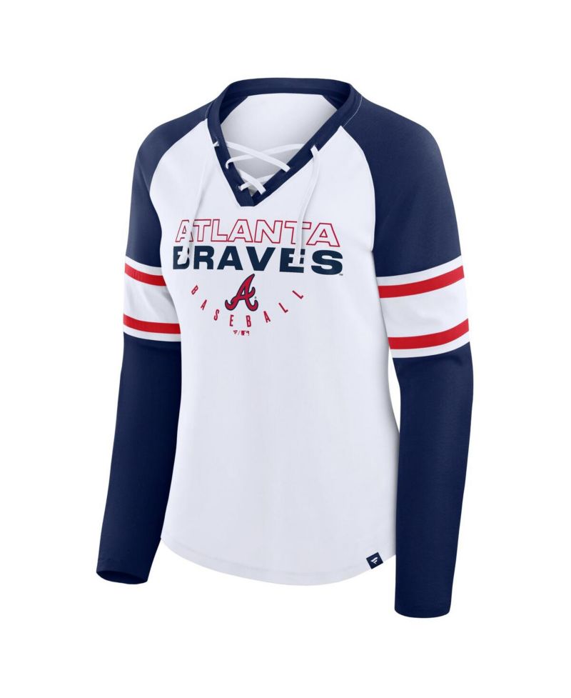 Women's White/Navy Atlanta Braves Blitz Package Raglan Lace-Up V-Neck Long Sleeve T-Shirt