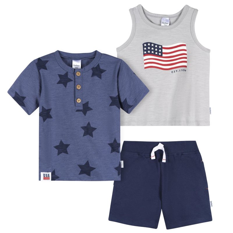 Baby Boys 3-Piece T-Shirts and Shorts, Stars and Stripes, 18 Months