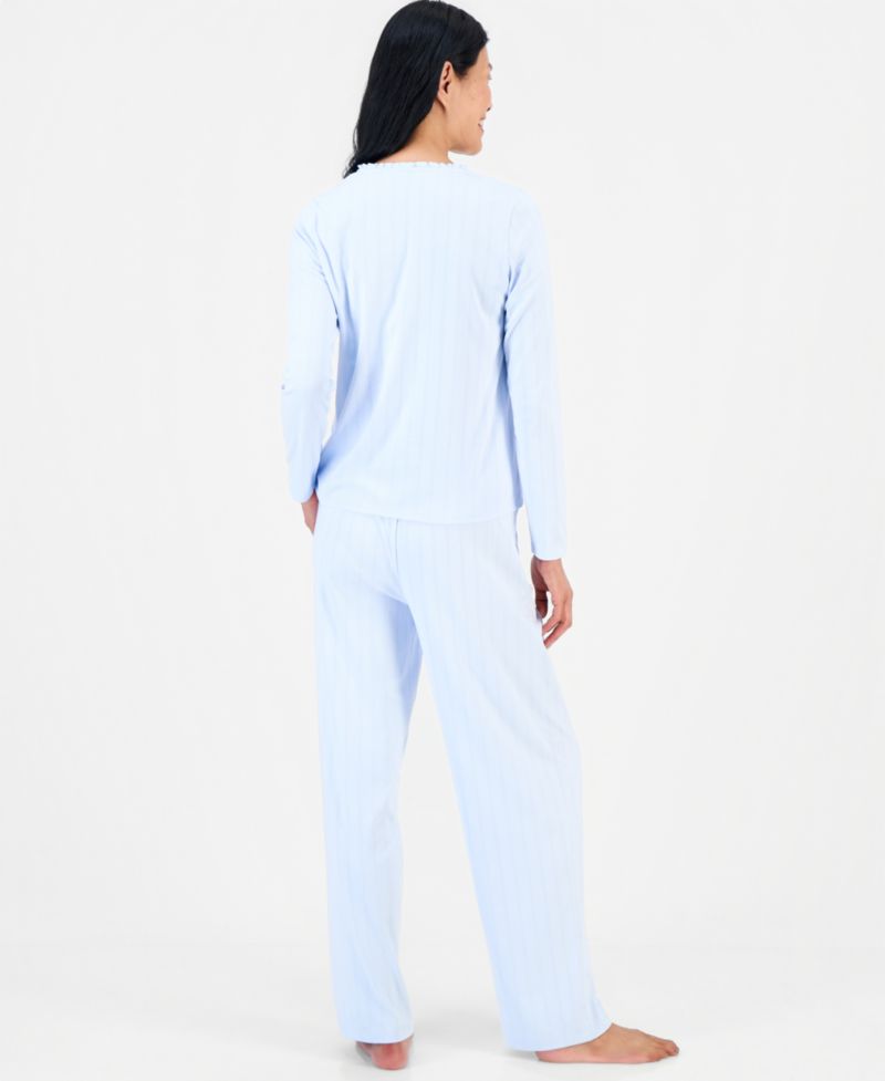 Women's Pointelle Long-Sleeve Bow Top and Pants Set
