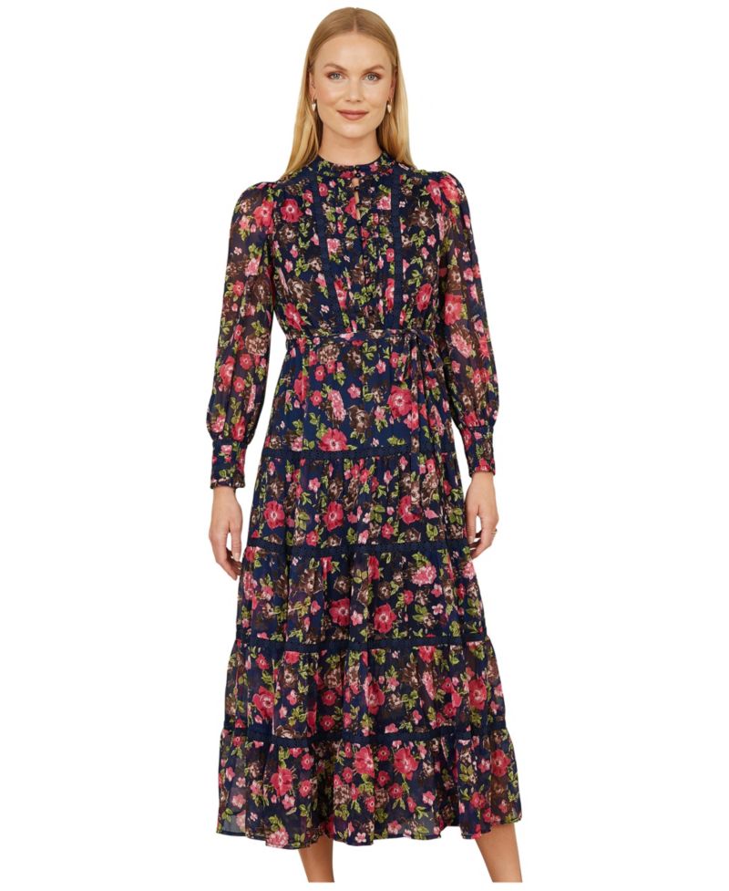 Blossom Print Lace Trim Maxi Dress