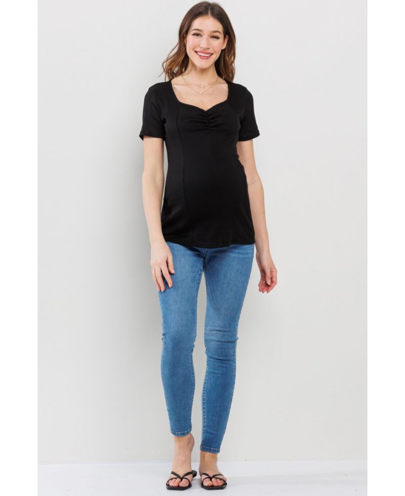 Maternity Ribbed Short Sleeve Sweetheart Neck Top
