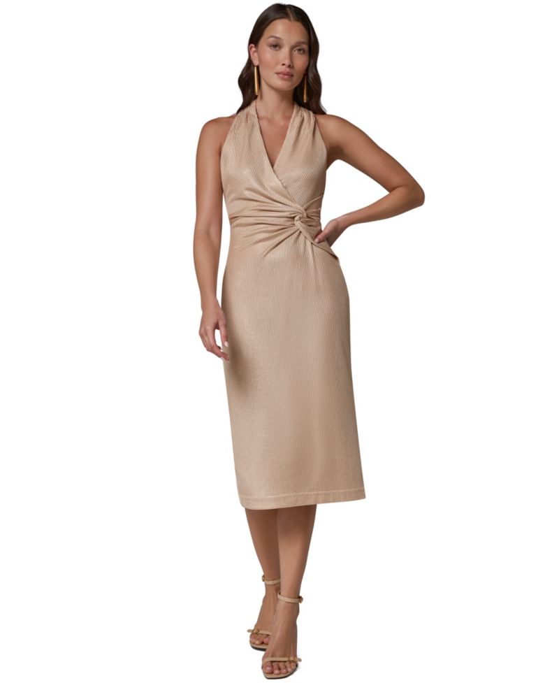Women's Metallic Halter Twist Waist Midi Dress