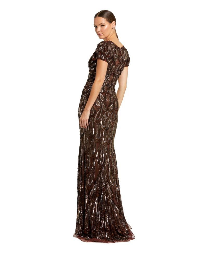 Petite Beaded Embellished V Neck Cap Sleeve Column Gown