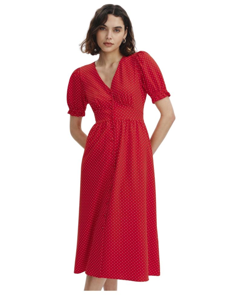 Women's Samantha Polka-Dot Short-Sleeve V-Neck Button Down Midi Dress