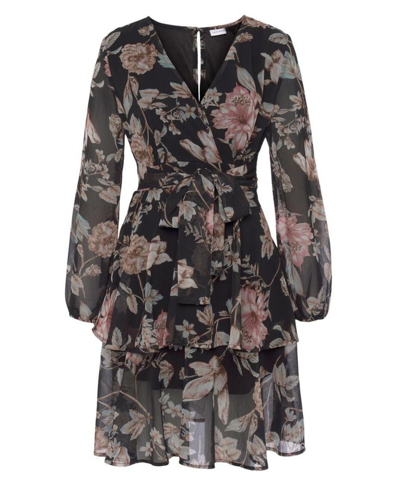 Women's Floral Print Long Sleeve Wrap Surplice-Neck Short Dress