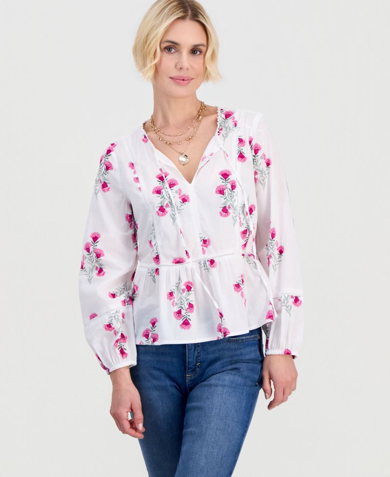 Petite Cotton Floral-Embroidered Peplum Top