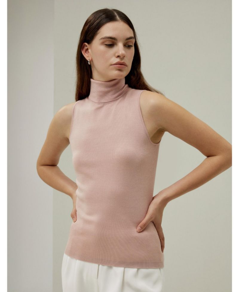 Women's Minimalist Sleeveless Turtleneck Silk-Nylon Top