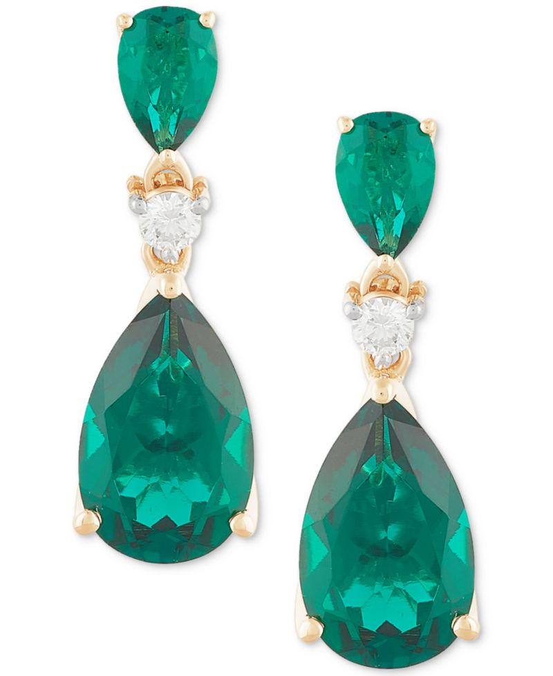 Lab Grown Emerald (4-5/8 ct. t.w.) & Diamond (1/8 ct. t.w.) Double Pear Drop Earrings (Also available in Ruby)