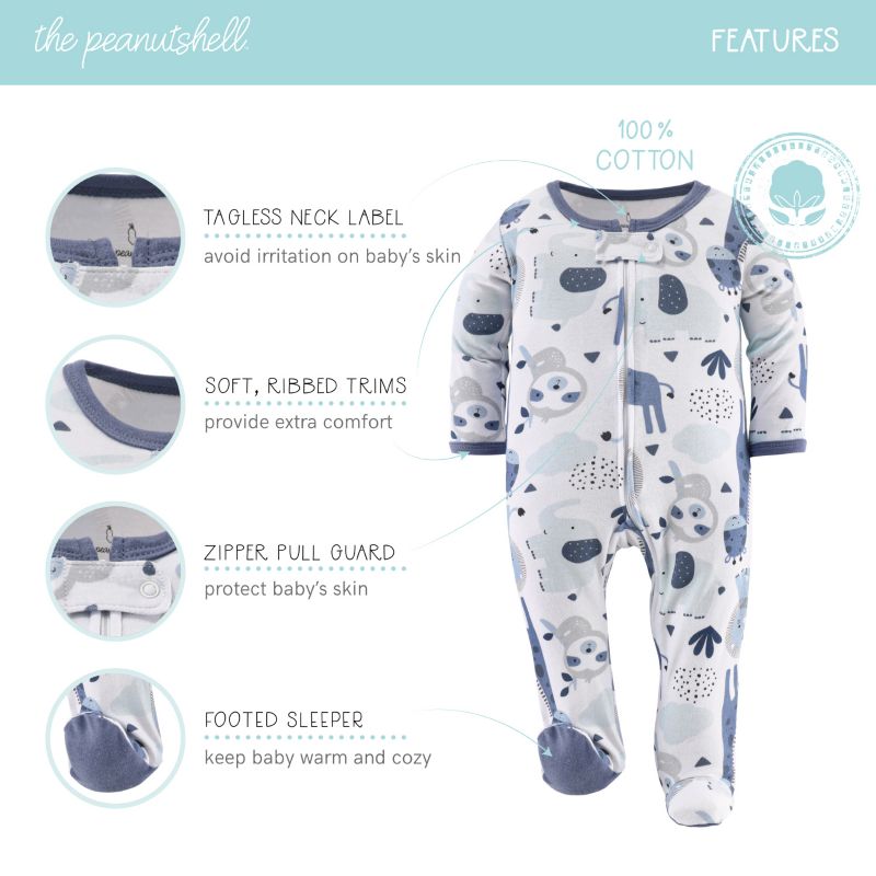 Baby Boys Blue Safari Footed Sleepers for Boys, 3 Pack