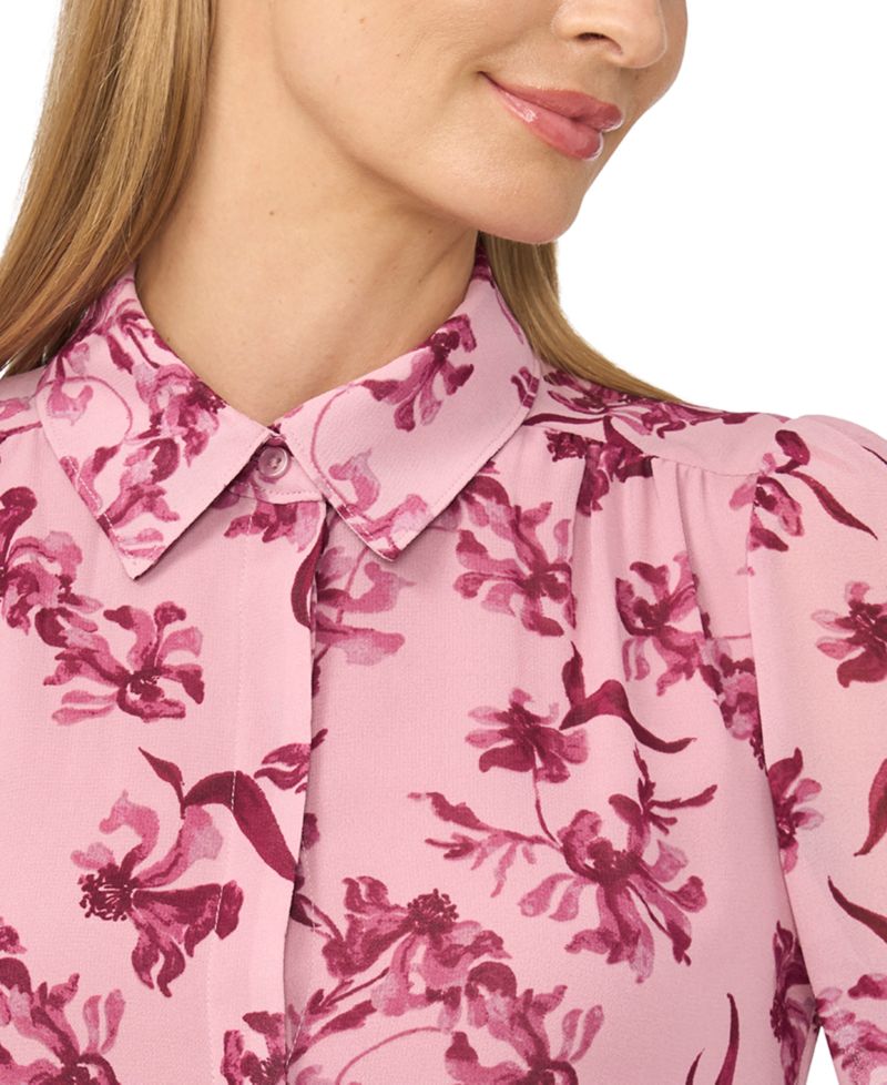 Women's Long-Sleeve Double-Ruffle Cuff Button-Down Floral-Print Blouse