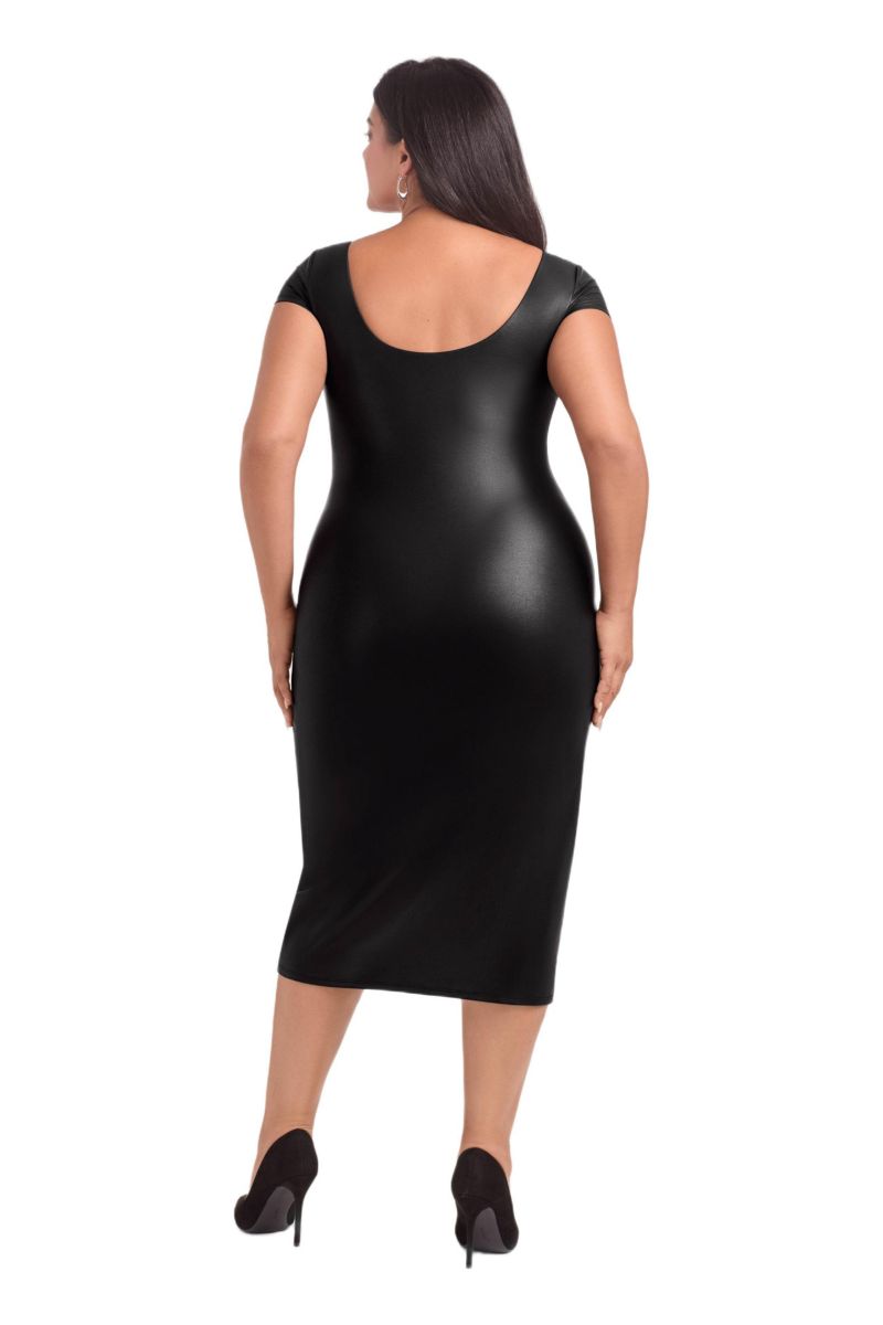 Women's Sculpting Shapewear Square Neck Cap Sleeve Faux Leather Midi Dress