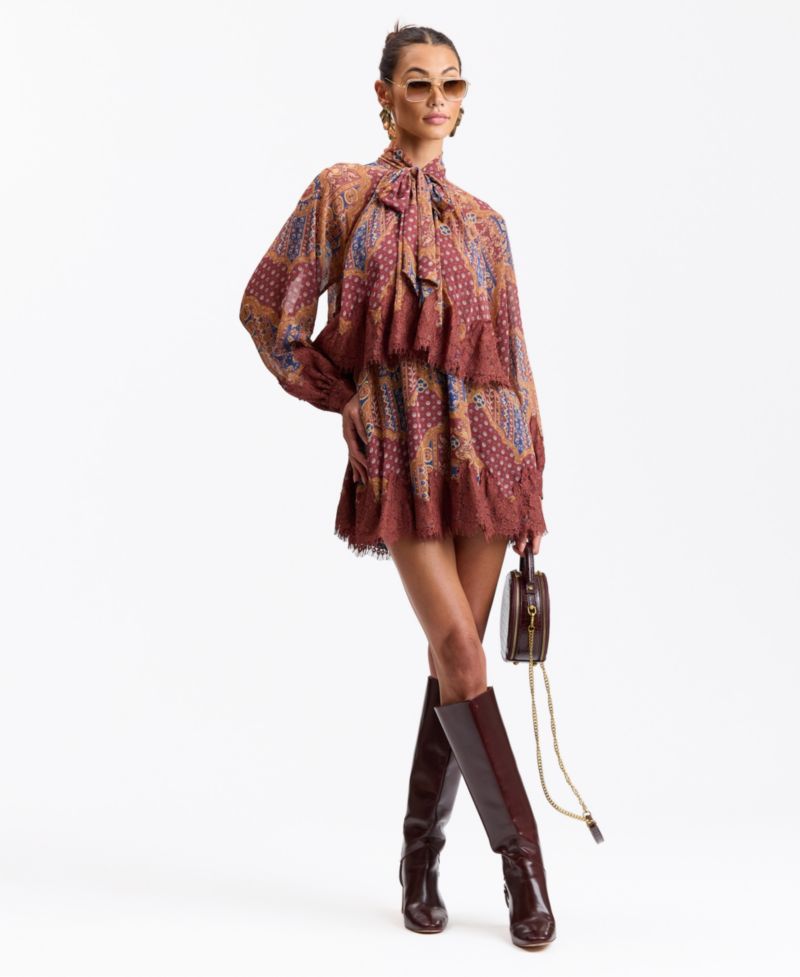Women's Tie-Neck Long-Sleeve Tiered Mini Dress