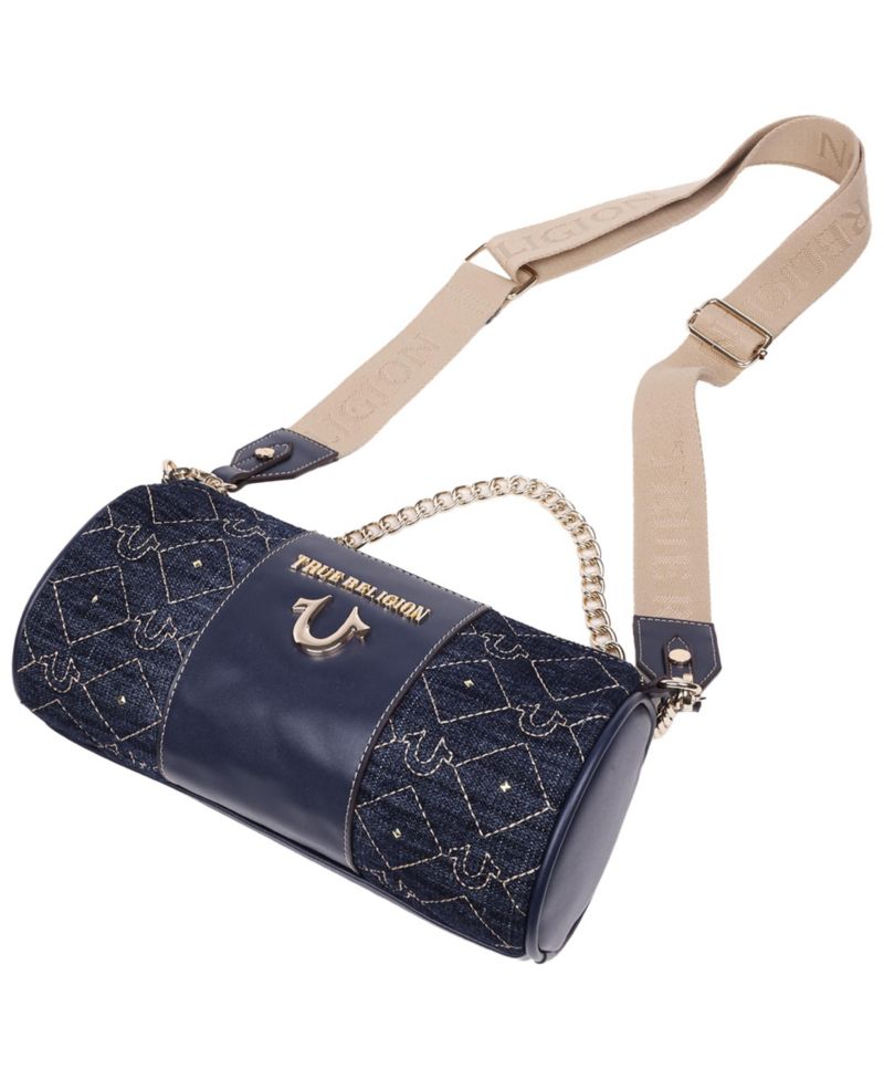 Studded Denim Zip Top Barrel Bag