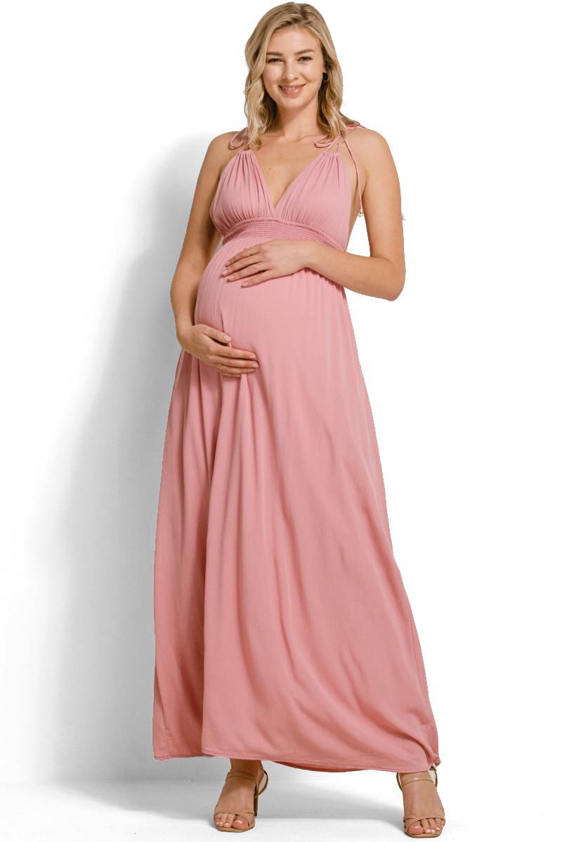 Women's V-Neck Tie Strap Empire Waist Maxi Dress with Pockets
