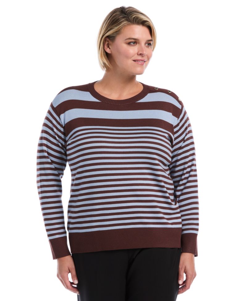 Plus Size Striped Crewneck Ribbed Trim Pullover Sweater