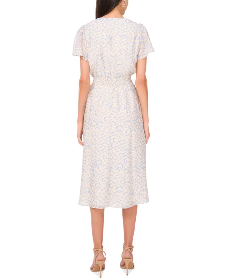 Women's Printed V-Neck Smocked-Waist Midi Dress