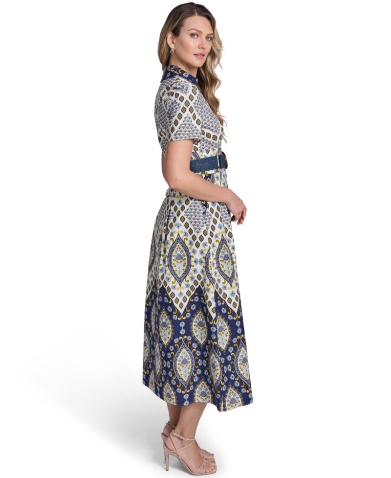 Petite Short-Sleeve Belted Collared Shirt-Dress