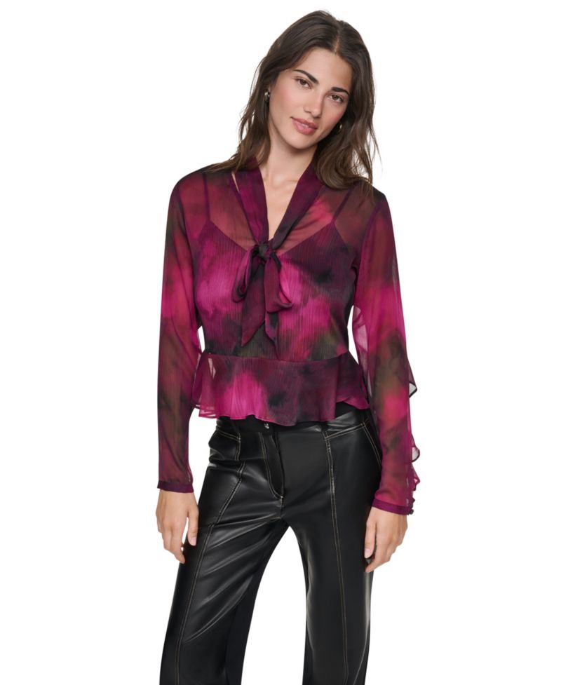 Women's Long-Sleeve Wavy Print Tie-Neck Chiffon Blouse
